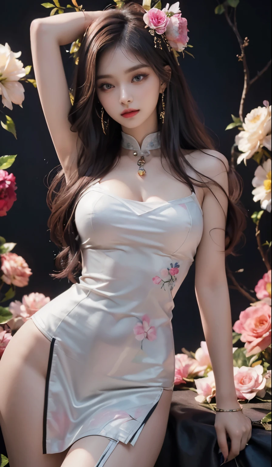 Top quality work,Photorealistic works,Ultra Premium Graphics,8K HD CG works,High-quality graphics,High-definition fine CG works,10x pixel,Ultra-fine details:1.1,Advanced technical details:1.1Photographically realistic, A high resolution ,Transparent hair,High Detail Hair(Premium Hair Detail:1.1)Clear eyes,Good looking double eyelids,Sharp eye makeup, Delicate makeup for eyelashes, Thin eyebrows, ultradetailed eyes,High Nose, lovely red lips, Rose cheeks, Face with delicate makeup , Pretty Face, A perfectly proportioned face,(Advanced facial details:1.1), Women's Artwork,full-body view,Goddess of Dress,,amazing,Today's eyes are bright (masterpiece, top quality, best quality, official art, beautiful and aesthetic:1.2), (1girl:1.3), extremely detailed,(fractal art:1.1),(colorful:1.1)(flowers:1.3),highest detailed,(zentangle:1.2), (dynamic pose), (abstract background:1.3), (chinese Traditional cloth:1.2), (shiny skin), (many colors:1.4), ,(earrings:1.4),