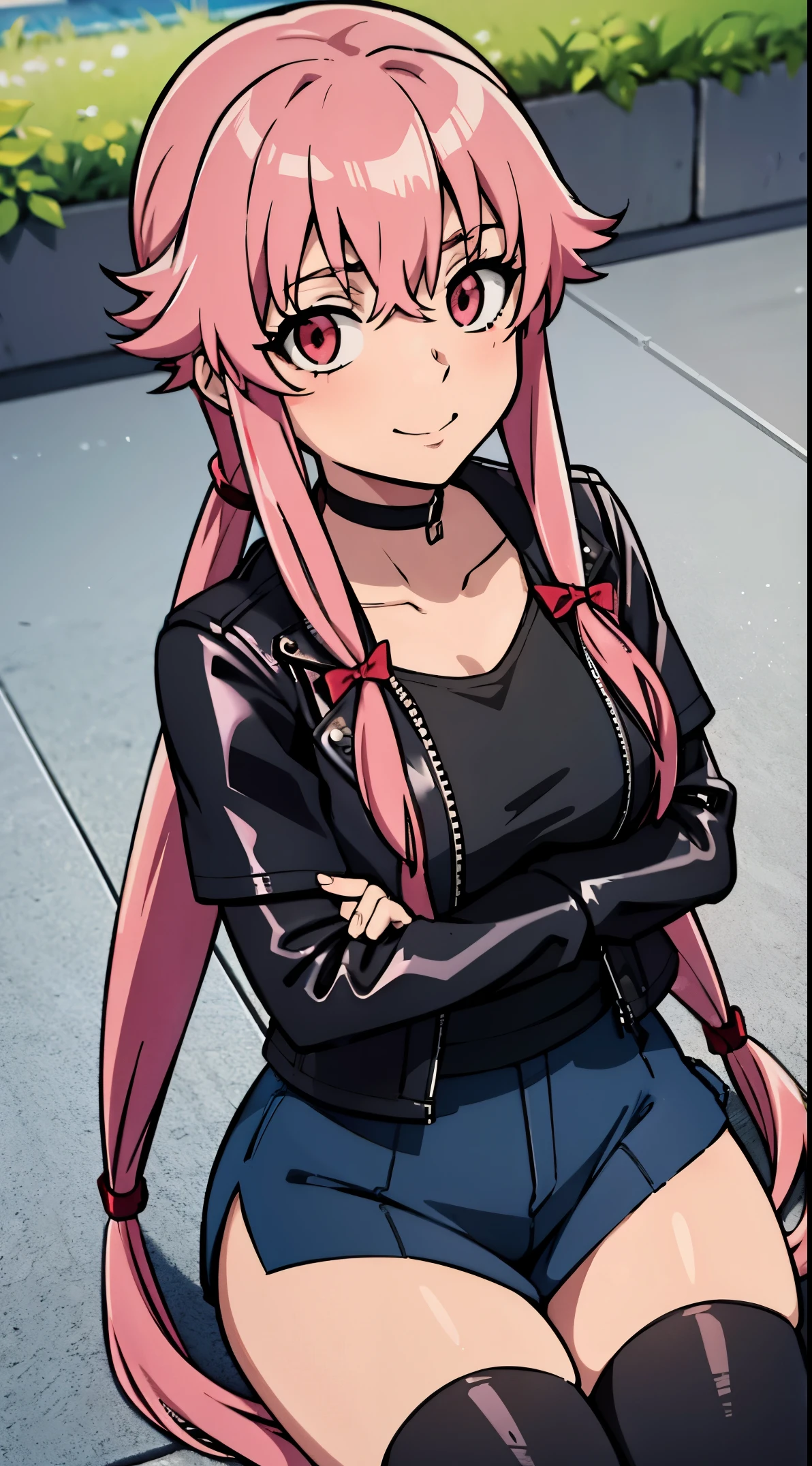 anime_still, masterpiece, best quality, 1girl, Gasai Yuno, large breasts, pink hair, long hair, solo, sitting, tiles, looking at viewer, low twintails, wearing a black choker, (wearing a black leather jacket:1.5), wearing blue jeans, wearing a black t-shirt, red eyes, ((yandere)), 23yo woman, smile, looking at viewer, outdoors, 