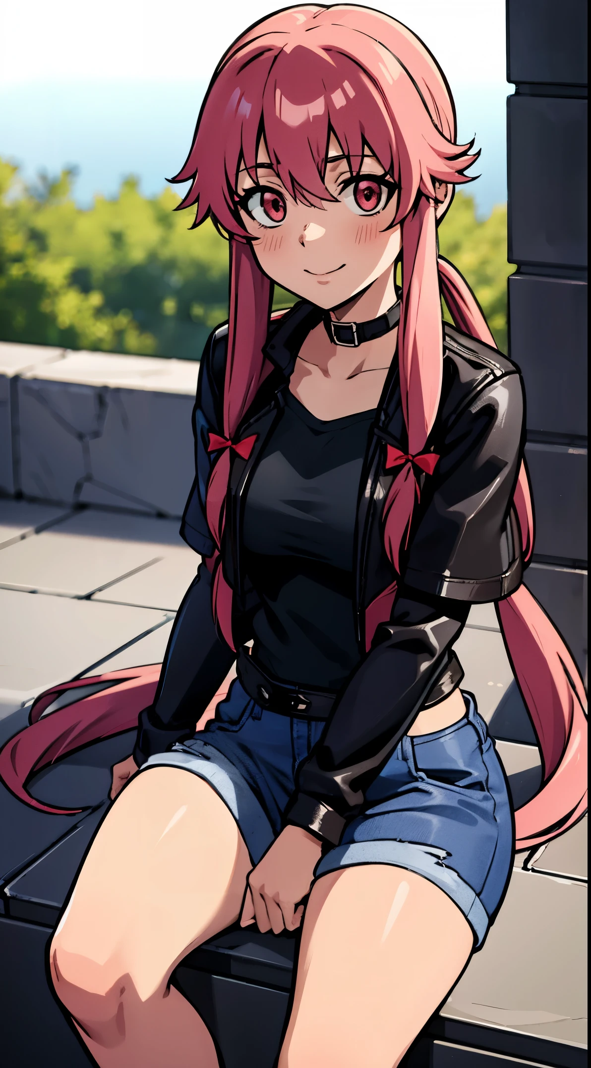 anime_still, masterpiece, best quality, 1girl, Gasai Yuno, large breasts, pink hair, long hair, solo, sitting, tiles, looking at viewer, low twintails, wearing a black choker, (wearing a black leather jacket:1.5), wearing blue jeans, wearing a black t-shirt, red eyes, ((yandere)), 23yo woman, smile, looking at viewer, outdoors, 