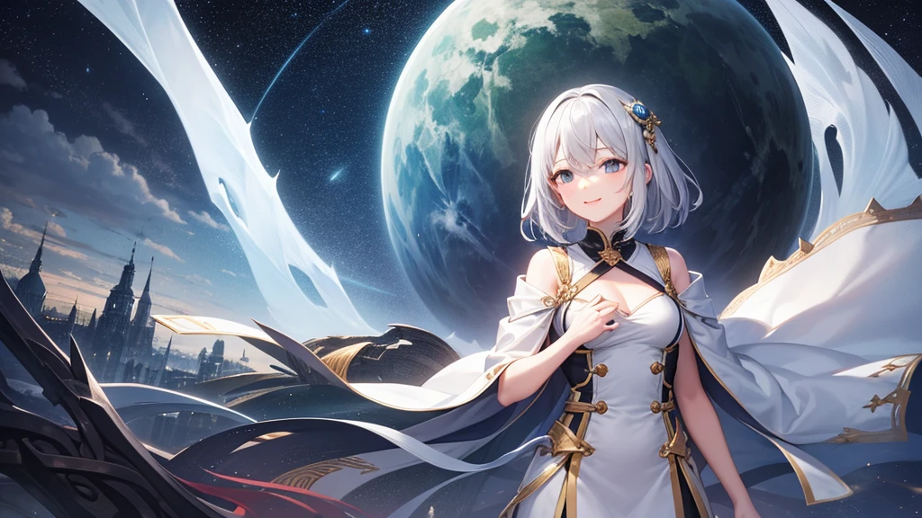 super high quality, girl, 20-year-old, とてもshort hair, long bangs between the eyes, very detailed,(masterpiece、highest quality)、alone、gray hair、fantasy, silver hair, gray eyes, beautiful eyes,、short hair,fantasyな風景,smile、I can see your chest、white coat、night、starry skies