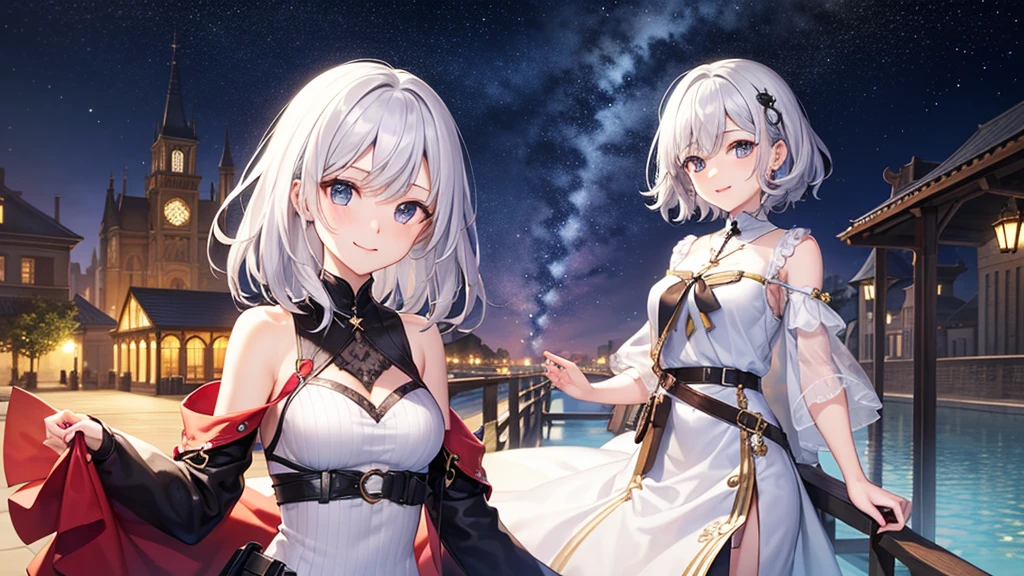 super high quality, girl, 20-year-old, とてもshort hair, long bangs between the eyes, very detailed,(masterpiece、highest quality)、alone、gray hair、fantasy, silver hair, gray eyes, beautiful eyes,、short hair,fantasyな風景,smile、I can see your chest、white coat、night、starry skies