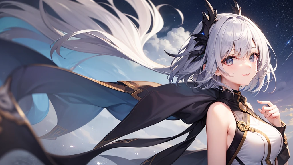 super high quality, girl, 20-year-old, とてもshort hair, long bangs between the eyes, very detailed,(masterpiece、highest quality)、alone、gray hair、fantasy, silver hair, gray eyes, beautiful eyes,、short hair,fantasyな風景,smile、I can see your chest、white coat、night、starry skies