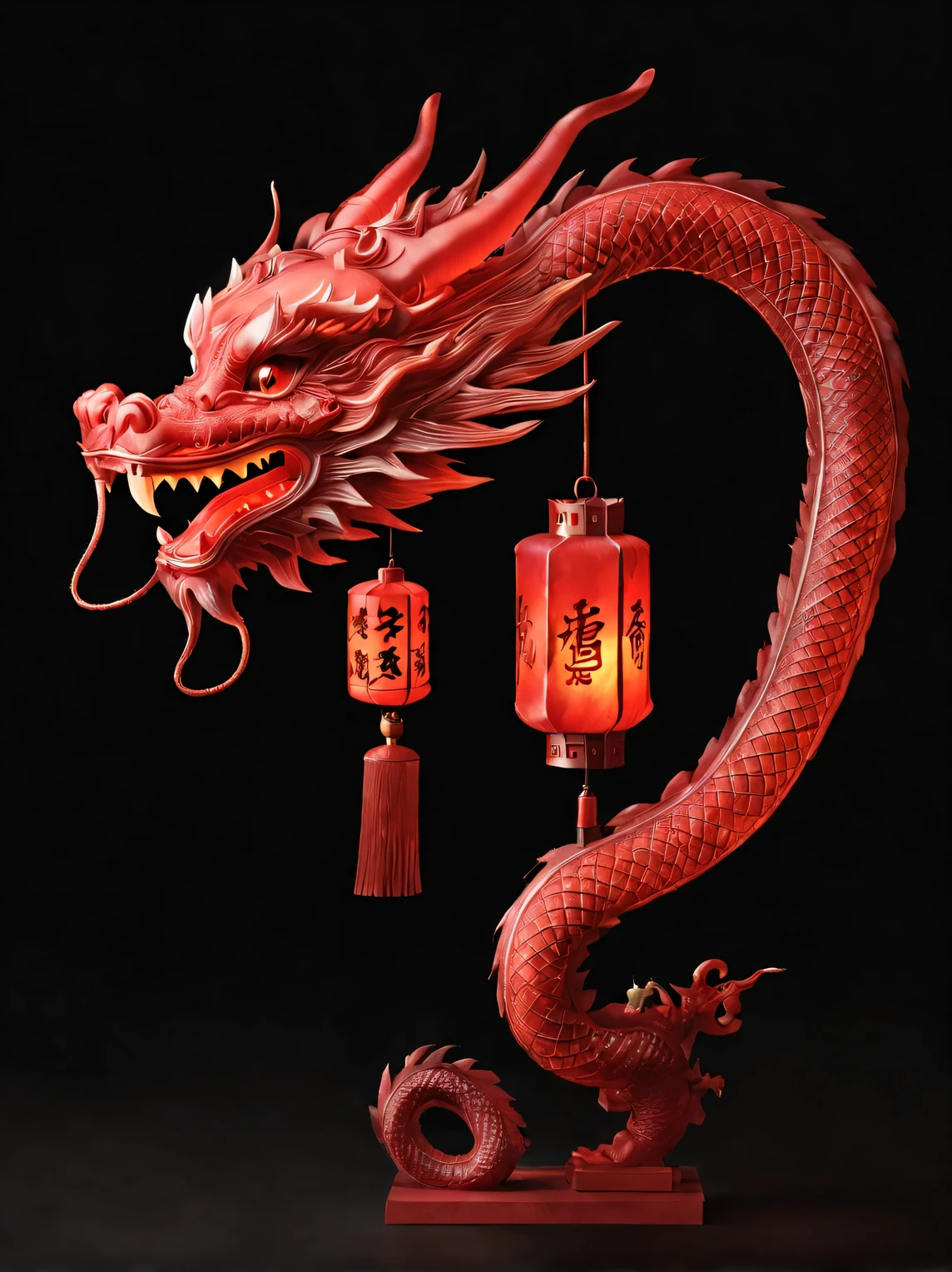 （product design），（Close-up of red lantern in the shape of Chinese dragon head），internally luminouackground：black，3D， cutting，sculpture