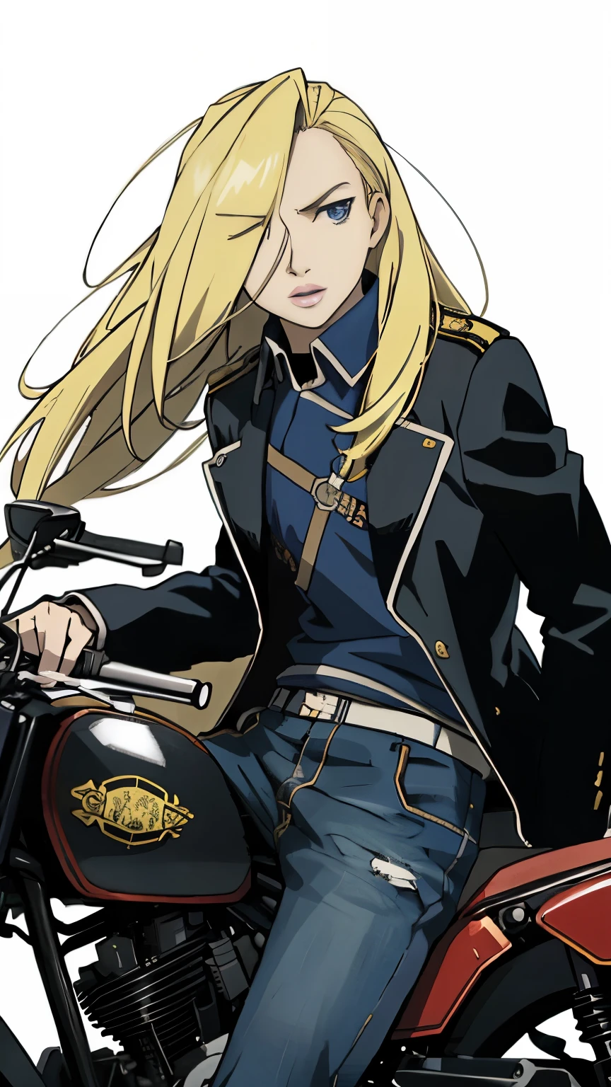 anime girl sitting on a motorcycle with a blue eyes, akira moto, akira's motorcycle, akira artstyle, akira style, inspired by INO, tsutomu nihei style, akira motorcycle, akira art style, akira vibes, blonde anime girl with long hair, akira style illustration, sui ishida art manga, inspired by Hiromu Arakawa, in full metal alchemist，Olivier Mira Armstrong，金色长头发，钢之炼金术师，女少将，军服，军刀，女硬汉，军大衣，女军人，金色长发女军人，女军人，金发女魔头，大姐姐