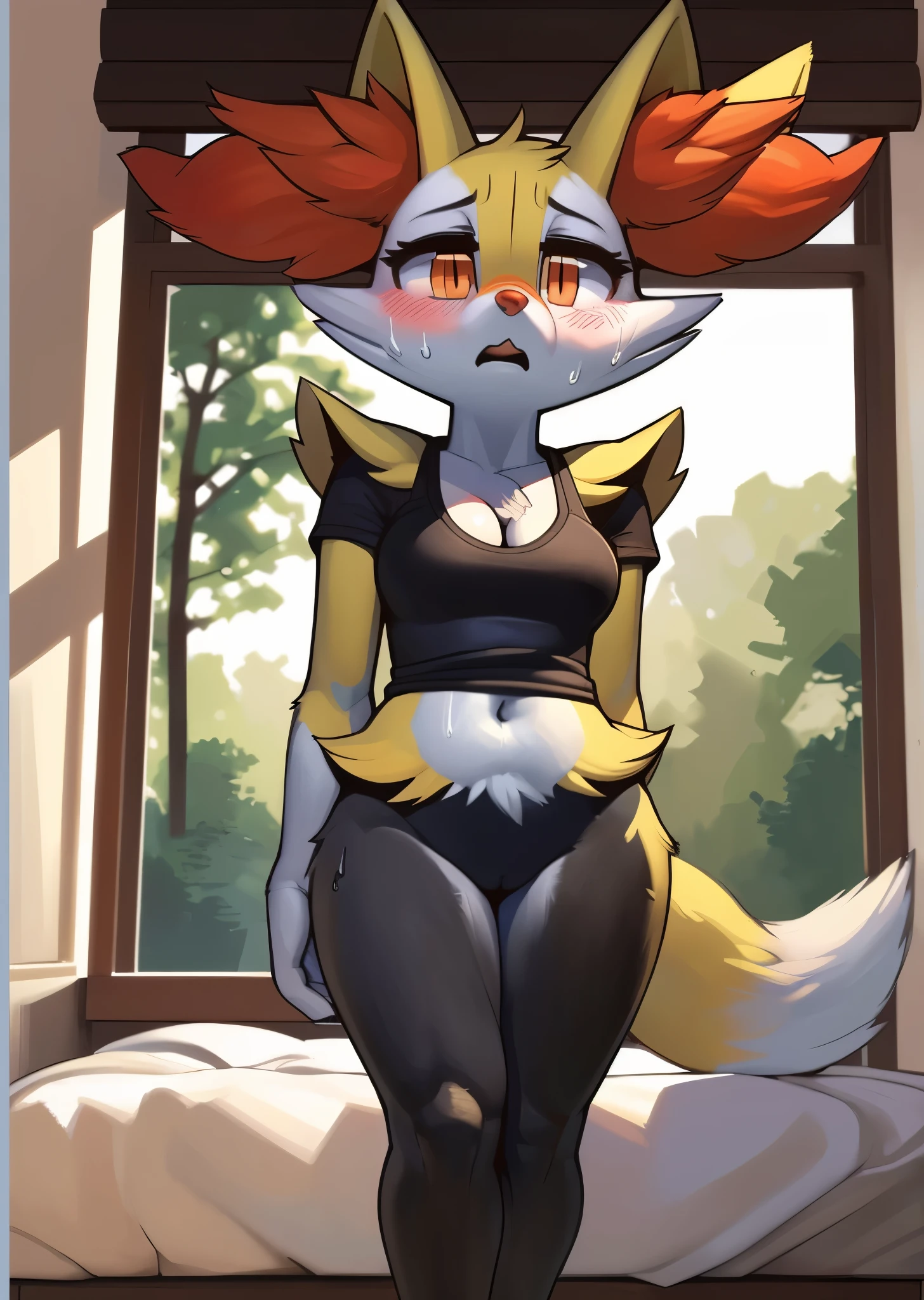 [Braixen], [pokemon], [Uploaded to e621.net; (wamudraws), (Pixelsketcher), (mayosplash)], ((masterpiece)), ((HD)), ((highres)), ((solo portrait)) ((front view)), ((full body)), ((vagina visible)), ((furry art)), ((detailed fur)), ((detailed shading)), ((beautiful render art)), {female anthro fox; (yellow fur), (black fur on legs), red ear fluff, (cute bright orange eyes), (half-closed eyes), (medium boobs), (curvy hips), (beautiful legs), (beautiful feet), (sweating), (blushing), (surprised expression)}, {(black tee shirt), (cleavage), (navel), (bottomless)}, {(standing), (looking away from viewer)}, [background; (bedroom), (window), (blue sky), (trees), (sun rays)]
