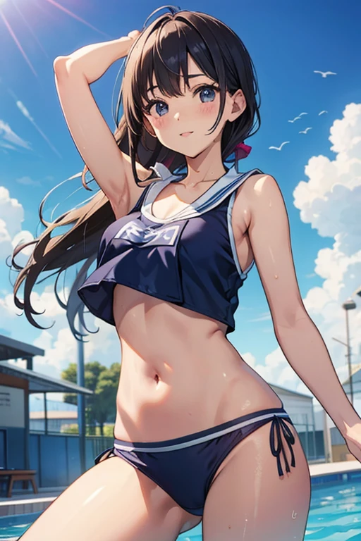 1girl,solo,yuuki mikan,, ,brown hair,, ,1girl,,,medium breasts,,open mouth,,tongue,smile,(spoken heart),outdoor,,looking viewer,sports bra,panties,walking,cowboy shot