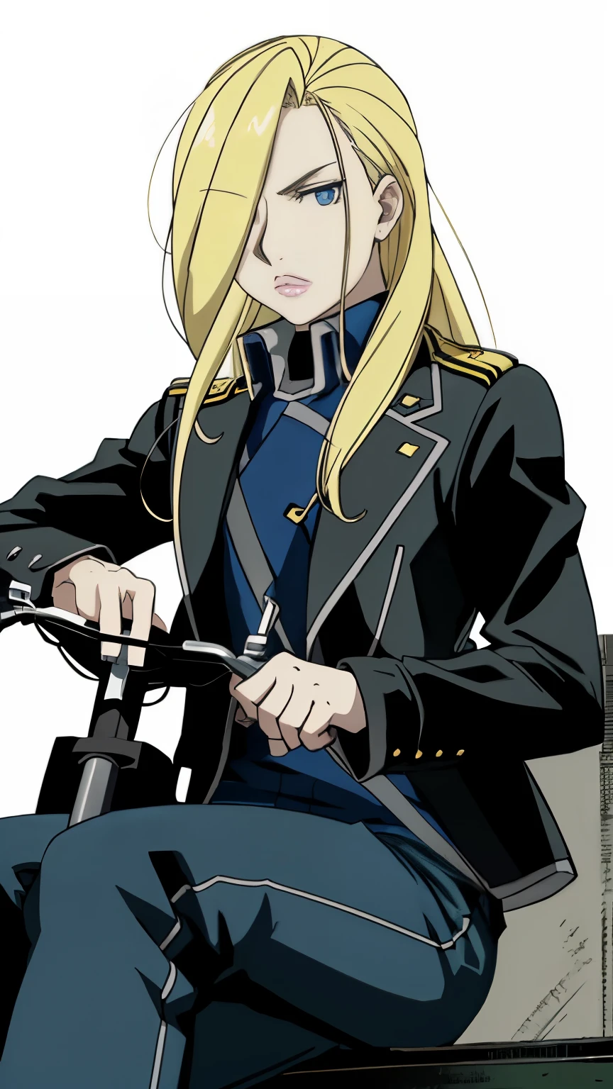 anime girl sitting on a motorcycle with a blue eyes, akira moto, akira's motorcycle, akira artstyle, akira style, inspired by INO, tsutomu nihei style, akira motorcycle, akira art style, akira vibes, blonde anime girl with long hair, akira style illustration, sui ishida art manga, inspired by Hiromu Arakawa, in full metal alchemist，Olivier Mira Armstrong，金色长头发，钢之炼金术师，女少将，军服，军刀，女硬汉，军大衣，女军人，金色长发女军人，女军人，金发女魔头，大姐姐