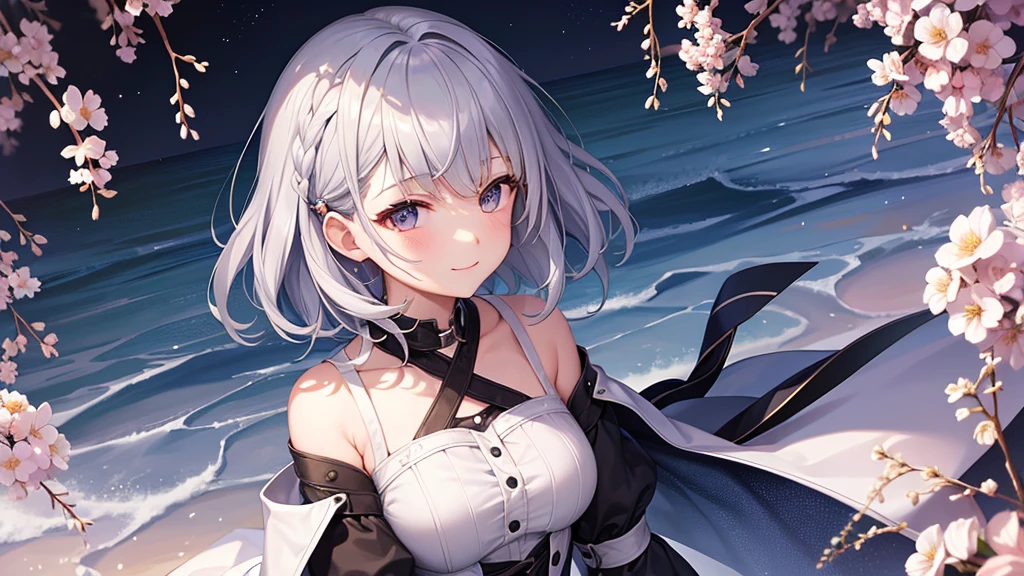 super high quality, with a girl, 20-year-old, very short hair, long bangs between the eyes, pale blue eyes , very detailed,(masterpiece、highest quality)、alone、gray hair、White skin as clear as snow、fantasy, silver hair, black eye, beautiful eyes,, ecstasy, charm, be smitten with audience, fantasyな風景、White jacket、black shirt、smile、flower garden、Cherry blossoms fall