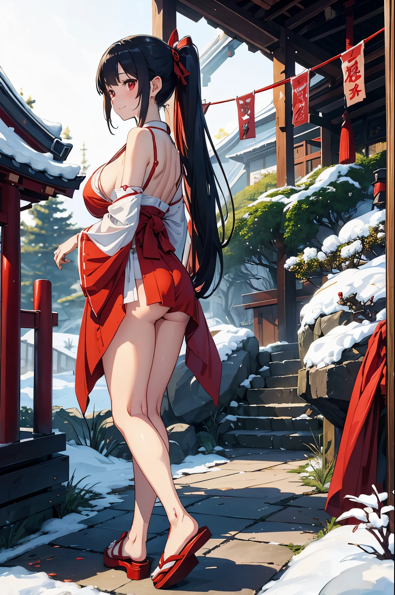 8K、best quality、Winter shrine、solo、beautiful girl、delicate face、smile、ponytail、black hair、red eyes、huge boobs:1.8、big ass:5.5、thin waist、beautiful waist、shiny skin、tie your hair with a red ribbon、Shrine maiden costume red hakama、Neat and clean clothes、white socks、red obi sandals、Naughty thighs、