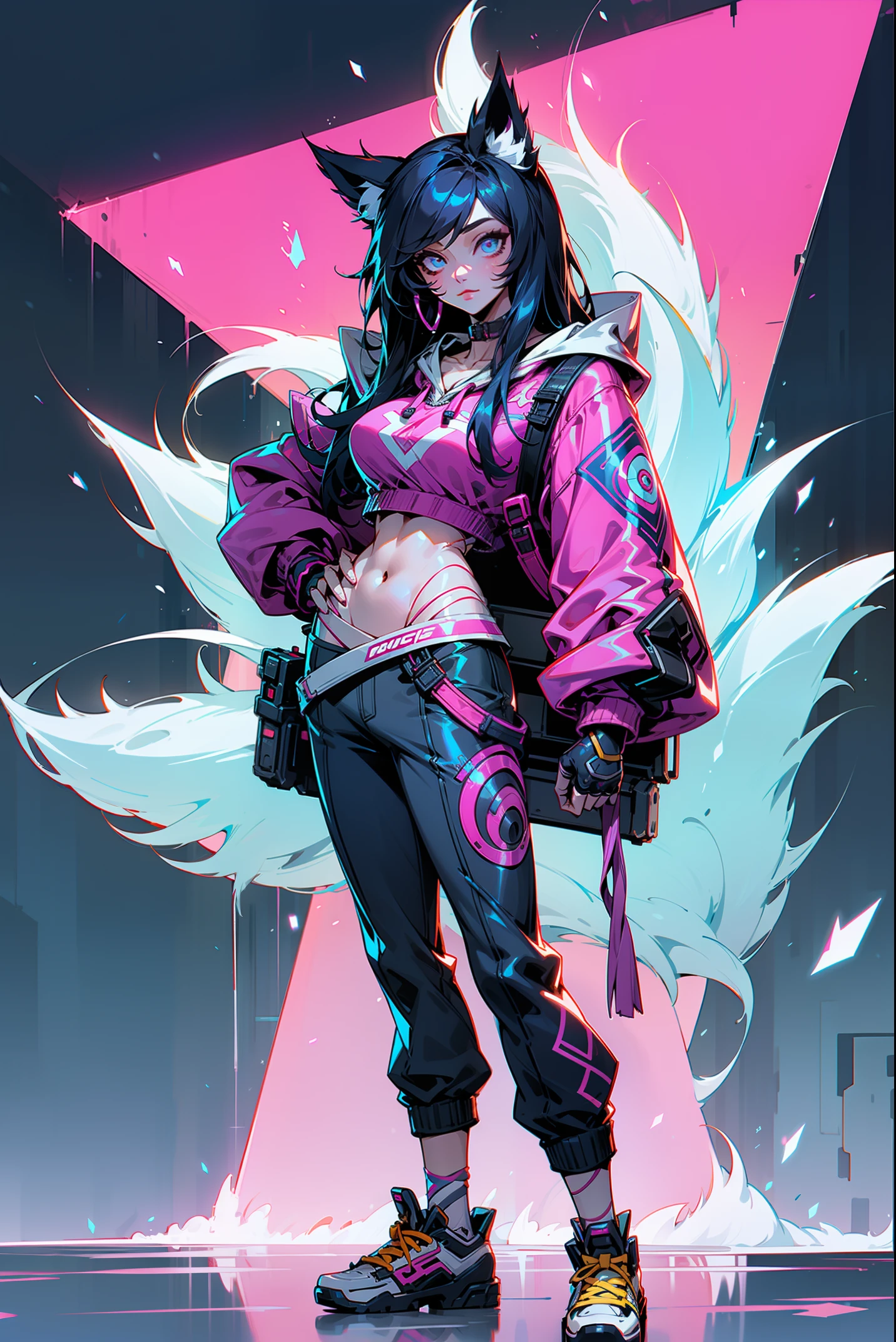 ahri, league of legend, sexy for, Wallpapers, Eyes detailed, , mediuml breasts, lookingat_Shown in_peeking at the viewer, mitts, navel, fail, blue_There are eyes, everlasting, full_body, arma, footwear, collars, Black_mitts, septum, hooded, the hair_exceed_Yoon_There are eyes, cropper_top, hoody, Black_trouser, athletic sneakers, cropped_jaket, cyber punk personage, cropped_hoody