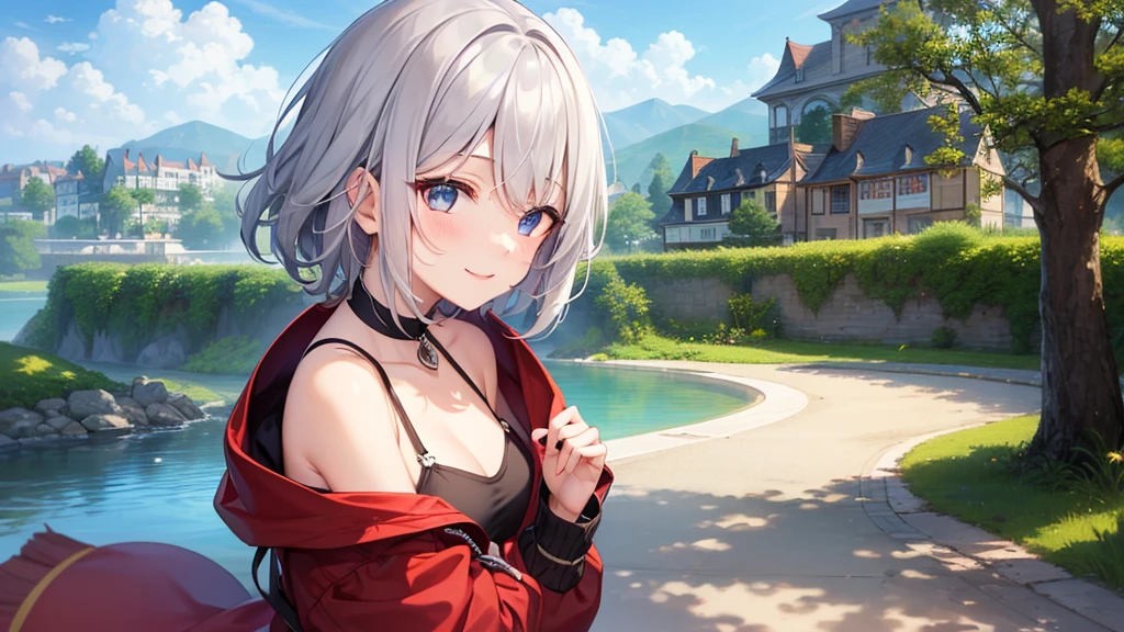 super high quality, girl, 20-year-old, とてもshort hair, long bangs between the eyes, very detailed,(masterpiece、highest quality)、alone、gray hair、fantasy, silver hair, gray eyes, beautiful eyes,、short hair,blue sky , sunlight,fantasyな風景,smile、I can see your chest、red coat