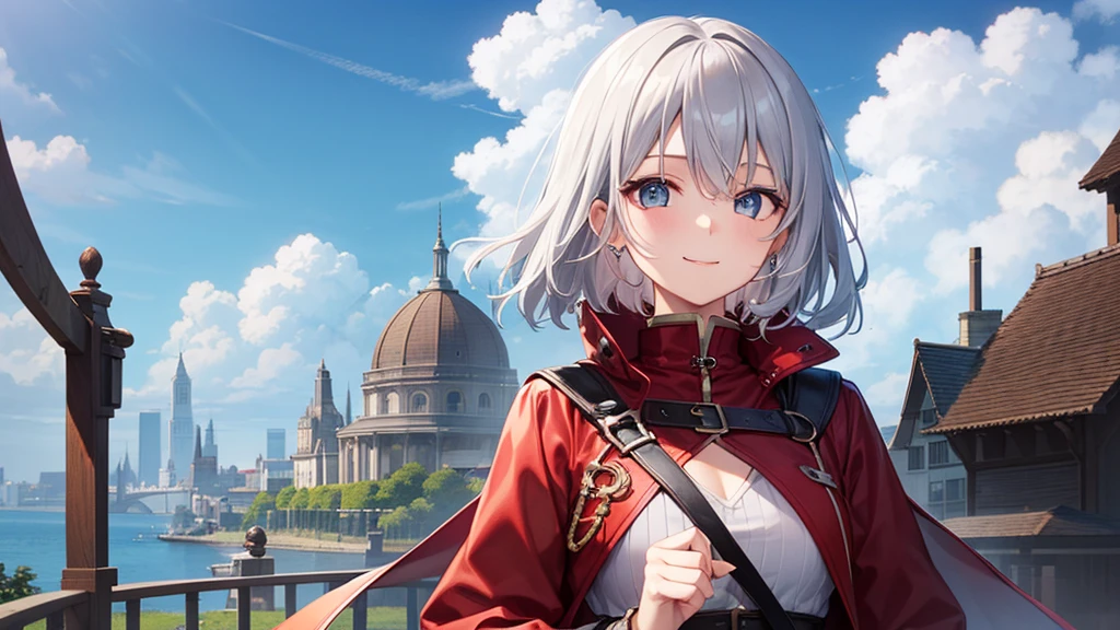 super high quality, girl, 20-year-old, とてもshort hair, long bangs between the eyes, very detailed,(masterpiece、highest quality)、alone、gray hair、fantasy, silver hair, gray eyes, beautiful eyes,、short hair,blue sky , sunlight,fantasyな風景,smile、I can see your chest、red coat
