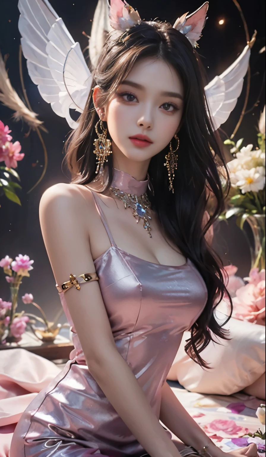 Top quality work，Photorealistic works，Ultra Premium Graphics，8K HD CG works，High-quality graphics，High-definition fine CG works，10x pixel，Ultra-fine details：1.1，Advanced technical details：1.1Photographically realistic, A high resolution ,Transparent hair，High Detail Hair（Premium Hair Detail：1.1）Clear eyes，Good looking double eyelids，Sharp eye makeup, Delicate makeup for eyelashes, Thin eyebrows, ultradetailed eyes，High Nose, lovely red lips, Rose cheeks, Face with delicate makeup , Pretty Face, A perfectly proportioned face,（Advanced facial details：1.1）, Women's Artwork，full-body view，Goddess of Dress，，amazing，Today's eyes are bright (masterpiece, top quality, best quality, official art, beautiful and aesthetic:1.2), (1girl:1.3), extremely detailed,(fractal art:1.1),(colorful:1.1)(flowers:1.3),highest detailed,(zentangle:1.2), (dynamic pose), (abstract background:1.3), (chinese Traditional cloth:1.2), (shiny skin), (many colors:1.4), ,(earrings:1.4),
