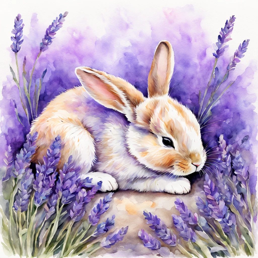 Beautiful cute  bunny sleeping in the lavender, beautiful, baroque, ultra realistic, realistic watercolor+pencil, abstract background, high octane, sharp