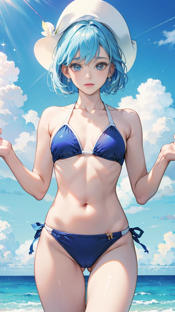best image quality、highest quality、8K、Upper body、swimsuit、thighs、light blue hair、bob hair、blue eyes、starry sky、beautiful eyes、stomach、Navel