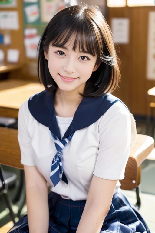 (((masterpiece))), (((full body photo，sitting)))， (one beautiful girl, innocence，cute) ，ultra high resolution, reality, Super detailed, 8k,highest quality, very detailed, blurred background,thin，small breasts，(very beautiful japanese girl, detailed face:1.3), (short black hair :1.4), (baby face，cute系,adorable junior high school girl), (perfect body:1.1),((Navy blue junior high school student))、rosy cheeks，relieved look，Super detailedな顔、detailed lips、detailed eyes、small gravure idol，transparent skin、lolita，Photoreal:1.37、bright sunny day、Inside the family restaurant，warm food，wearing junior high school winter clothes，A busy store，bright lighting，relaxed atmosphere
