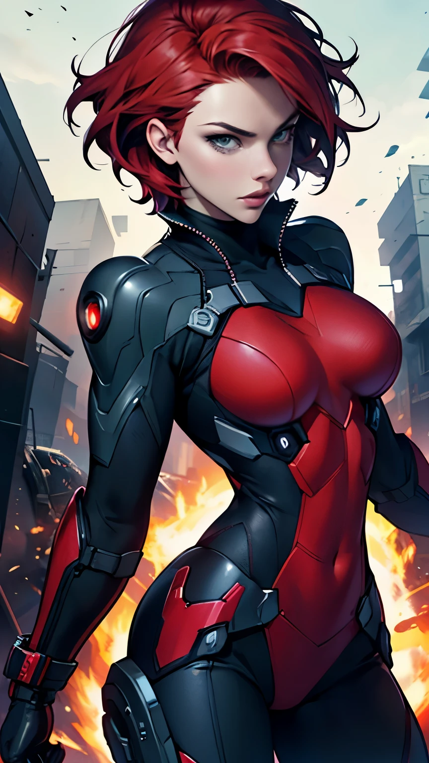 high quality. Scarlett Johansson as black widow in a cybersuit. Red hair, short hair. Pale green eyes. dynamic pose, action pose.
