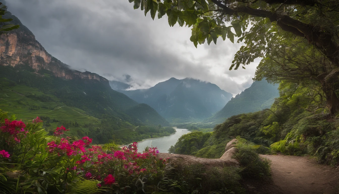 (best quality,ultra-detailed,realistic:1.37),nature,serene,asian scenery,misty,mountains,waterfalls,colorful flowers,exotic trees,sunlight peeking through the clouds,natural harmony,peaceful,serenity,tranquil,zen,sublime beauty,soft colors,subtle lighting