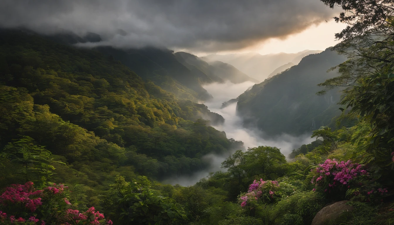 (best quality,ultra-detailed,realistic:1.37),nature,serene,asian scenery,misty,mountains,waterfalls,colorful flowers,exotic trees,sunlight peeking through the clouds,natural harmony,peaceful,serenity,tranquil,zen,sublime beauty,soft colors,subtle lighting