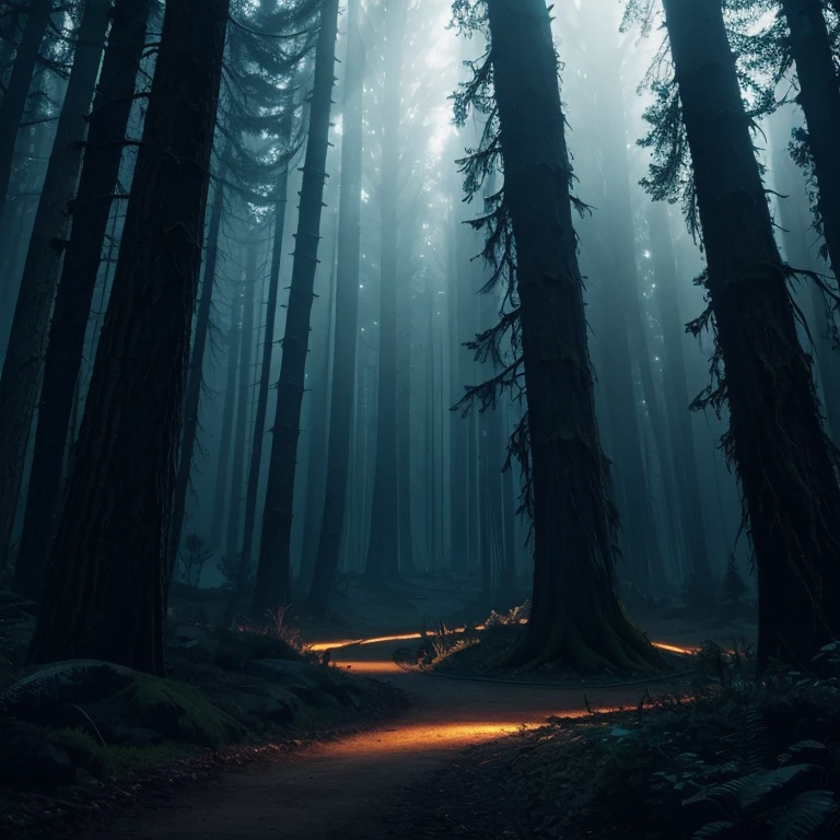 Create a mystical landscape, dark and mystical and dark forests, with mystical nocturnal creatures and shadows around the place, imagen realista y perfecta 