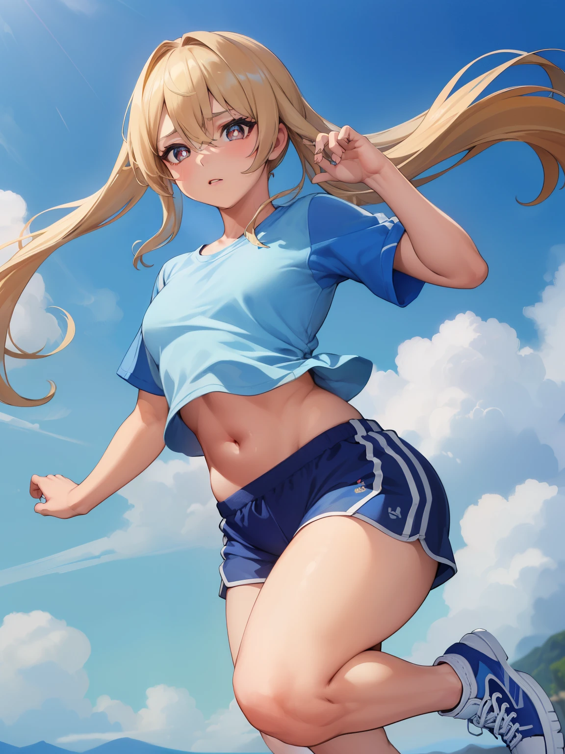1girl, ((masterpiece, best quality, high resolution, 4k)), beauty, Whole body to see, blondes haar, einen zopf, ((blaue augen, realistische augen)), ((detaliertes gesicht, slightly flushed)), verschwitzt, dynamischer winkel, perfect body, ((wears sportswear, wearing a blue top, brust ist verdeckt, wears short blue pants, wears blue sneakers, bauchfrei)), ((perfect body, perfekter bauch, bauchmuskeln, schmaler bauch, sports body)), runs towards the viewer