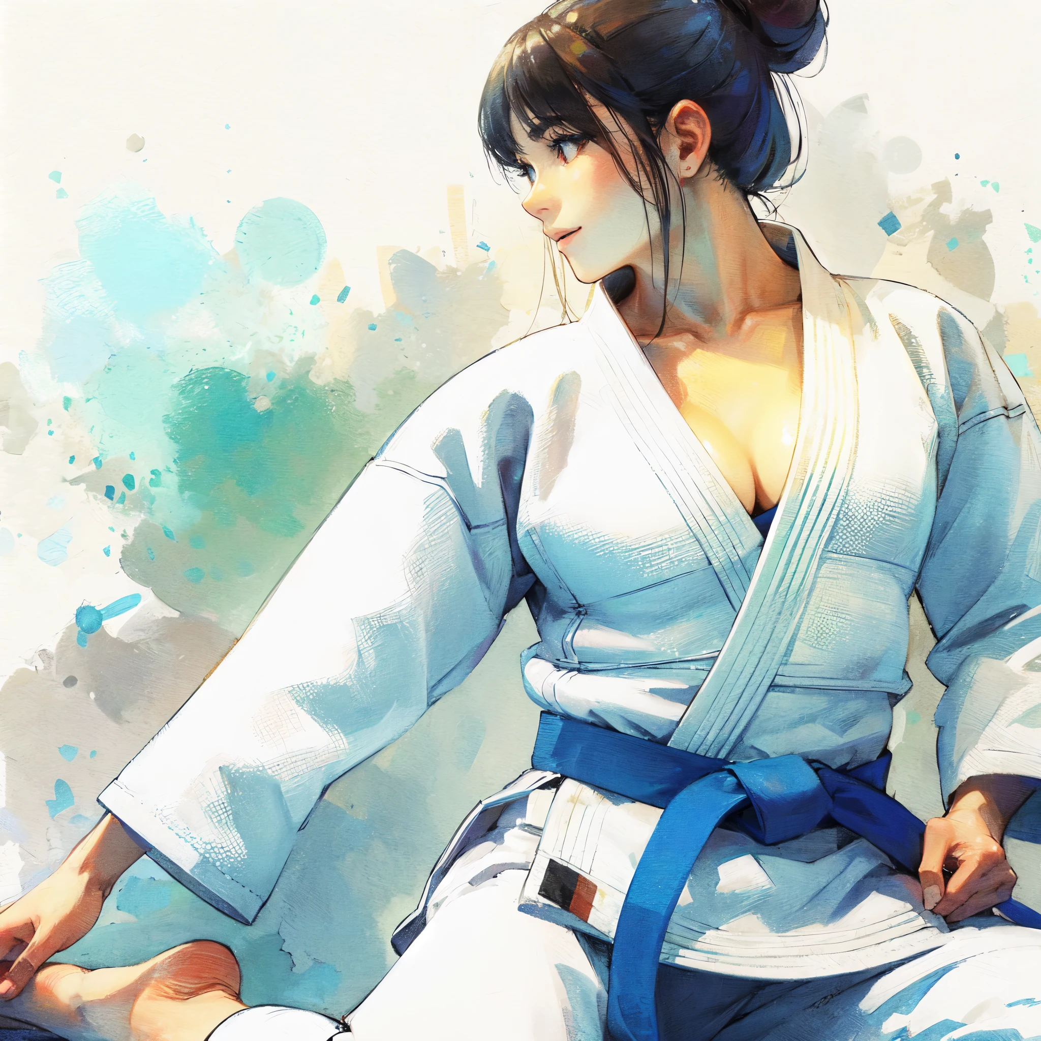 high quality,hd,16k,1girl,female judo athlete,white kimono ,cute face, large breasts, slender body, delicate body,nice legs, sweat,light clothing, in judo venue,focus girl,detailed beautiful face,detailed clothes,beautiful eyes,pretty smile,dynamic angle