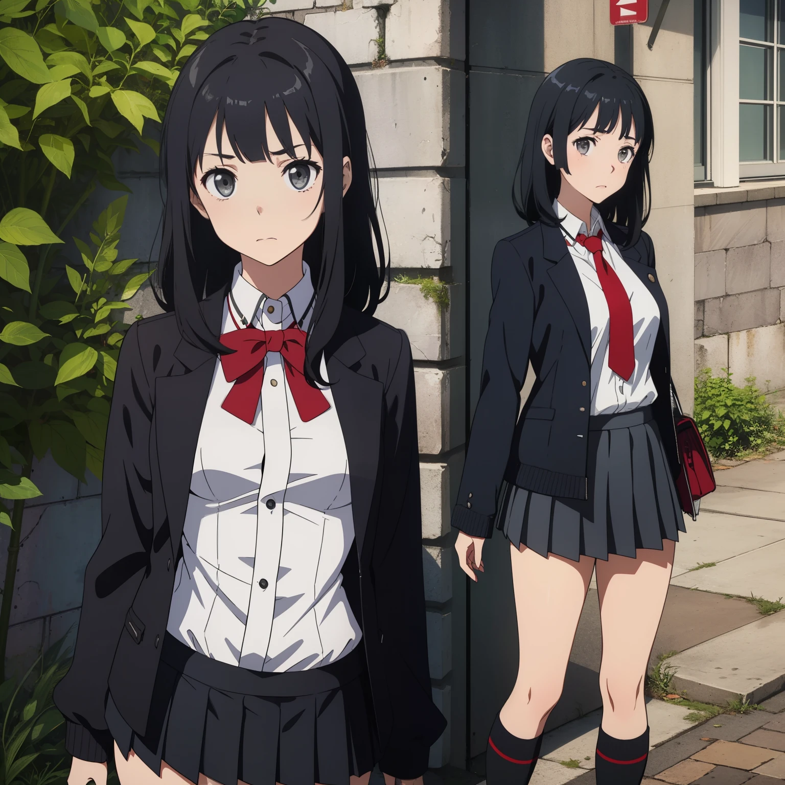 (Beautiful posture), 1 girl, (a white blouse),slim, thin, ((black short skirt with pleats)),((short double-breasted jacket)), (black short jacket)(fitted clothing) , small red tie, long bangs on face, straight black hair to waist, gray eyes with a hint of purple, knee-deep portrait, sad, It&#39;s a nasty day, stands in the castle