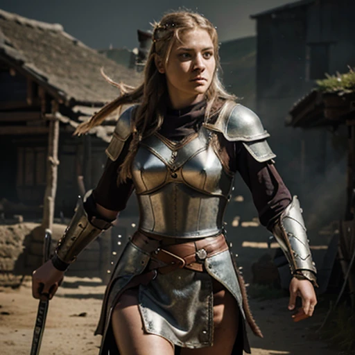 Female Viking warrior in transparent armor entering battle