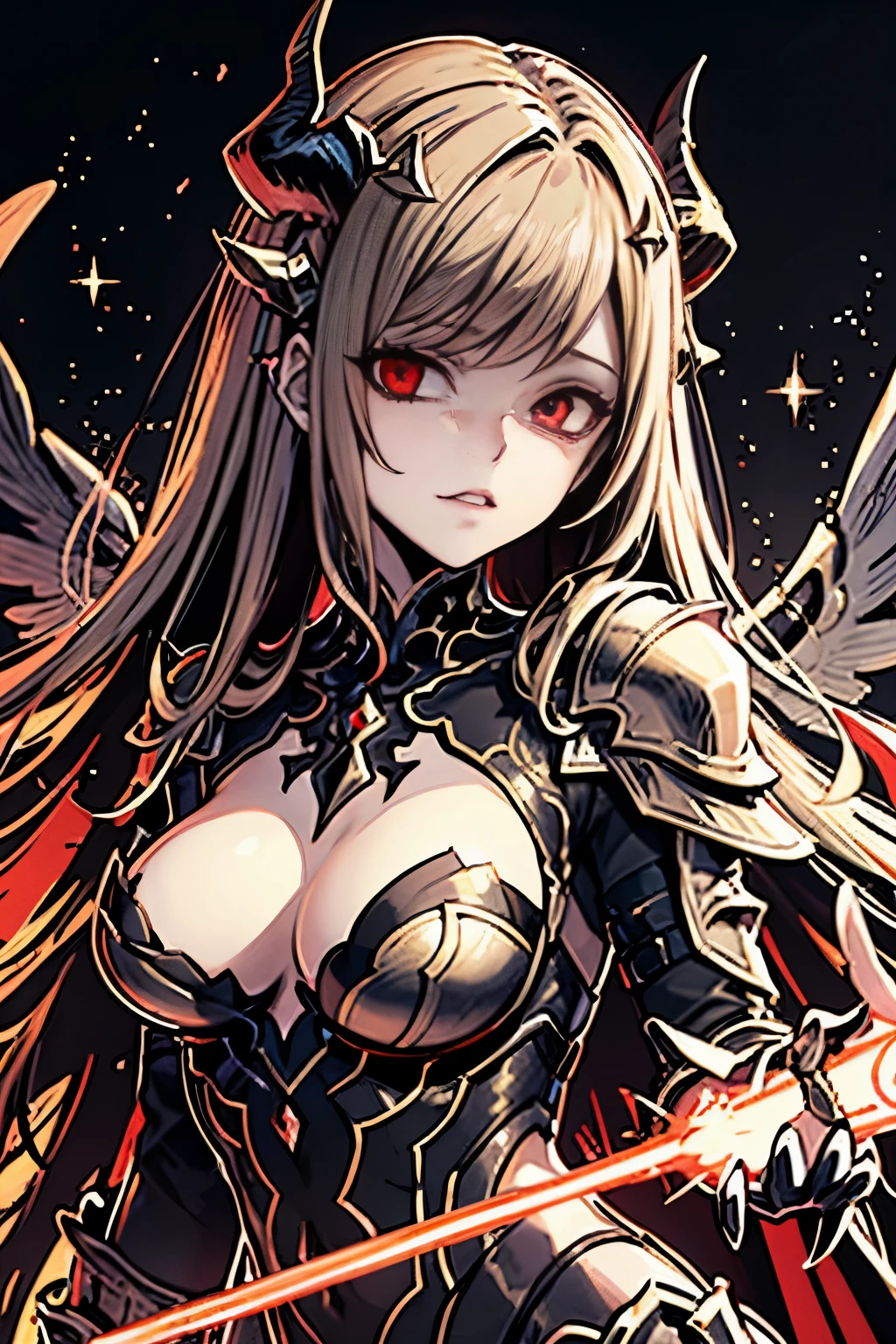 Anime girl with horns and a black armor with gold decorations, black angel wings,holding a sword, Demon anime girl, beautiful Sukkubus, 2. 5 d cgi Anime-Fantasy-Kunstwerk, succubuedieval, detaillierte digitale Anime-Kunst, beautiful elegant demon queen, Anime-Fantasy-Kunstwerk, Shadowverse-Stil, extremely detailed Artgerm, Sukkubus, Portrait of a female demon, Anime-Fantasy-Illustration