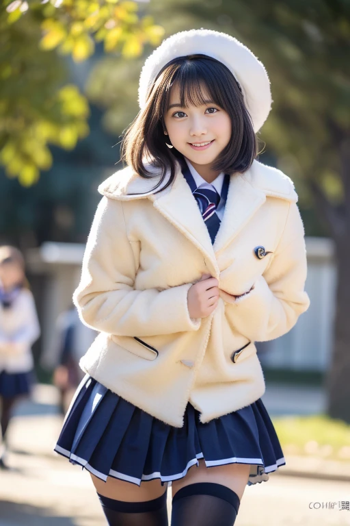 (((masterpiece))), (((cowboy shot,Standing position))),(((walk)))、 (one beautiful girl, innocence,cute) ,ultra high resolution, reality, Super detailed, 8K,highest quality, very detailed, blurred background,thin,small breasts,(very beautiful japanese girl, detailed face:1.3), (short black hair :1.4), (baby face,cute系,cute junior high school girl), (perfect body:1.1),((thick coat for winter,Wrapping up a fluffy white scarf,navy pleated skirt,black tights))、rosy cheeks,,Super detailedな顔、detailed lipine eyes、small gravure idol,transparent skin、ta,Photoreal:1.37、bright sunny day、snow scene,Examination hall,cold morning,The morning sun dazzling,cold、Junior high school appearance,nervous smile,tense air,A look full of determination,There are many examinees behind me.