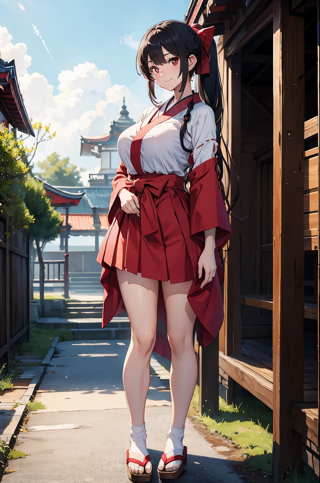 8K、best quality、Winter shrine、solo、beautiful girl、delicate face、smile、ponytail、black hair、red eyes、huge boobs:1.8、big ass:5.5、thin waist、beautiful waist、shiny skin、tie your hair with a red ribbon、Shrine maiden costume red hakama、Neat and clean clothes、white socks、red obi sandals、Naughty thighs、Chest peeking out from below、