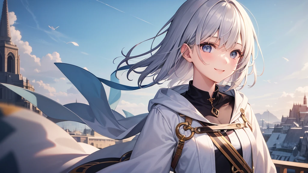 super high quality, girl, 20-year-old, とてもshort hair, long bangs between the eyes, very detailed,(masterpiece、highest quality)、alone、gray hair、fantasy, silver hair, gray eyes, beautiful eyes,、short hair,blue sky , sunlight,fantasyな風景,smile、I can see your chest、white coat