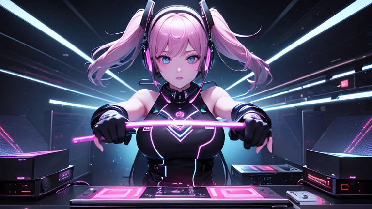 ((best quality)), (high detail), (1girl), DJ mixing vinyl records, LED headphones, music notes in the air, (action pose), Bass heavy beats, vibrating beats, neon eyes, HDR, 4K, 3D, unreal.