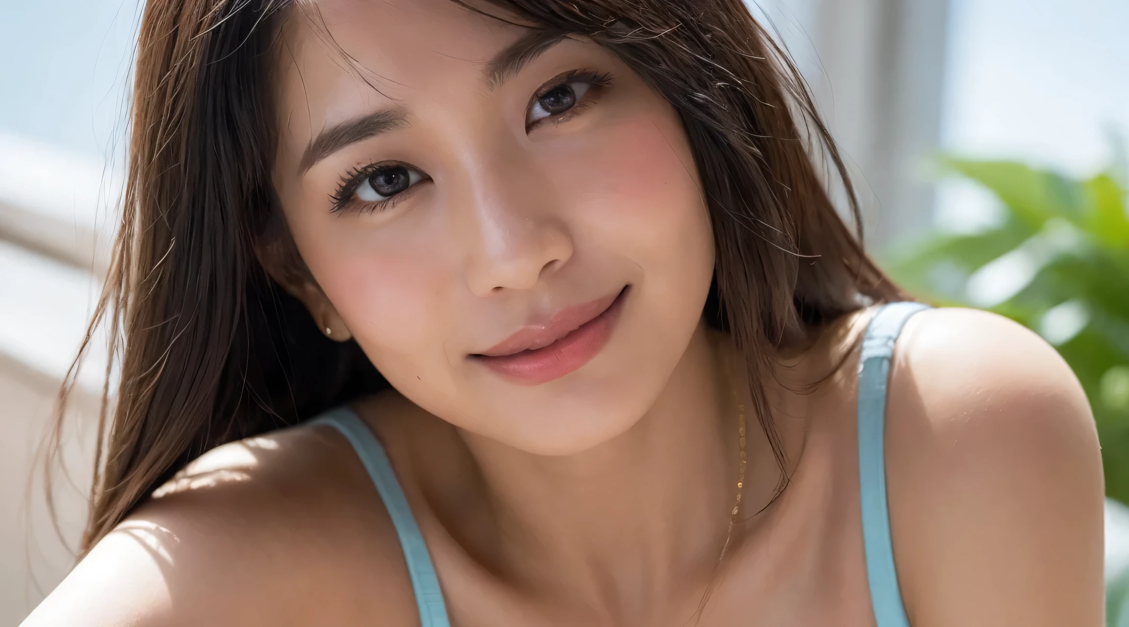 ((best quality,8k,masterpiece:1.3)), 1 busty girl, Smile, she looks like a woman, thick hair,Wear sexy clothes, The facial details are very rich, delicate eyes, double eyelidlurred background, face slimming,Prepare for bathing ,