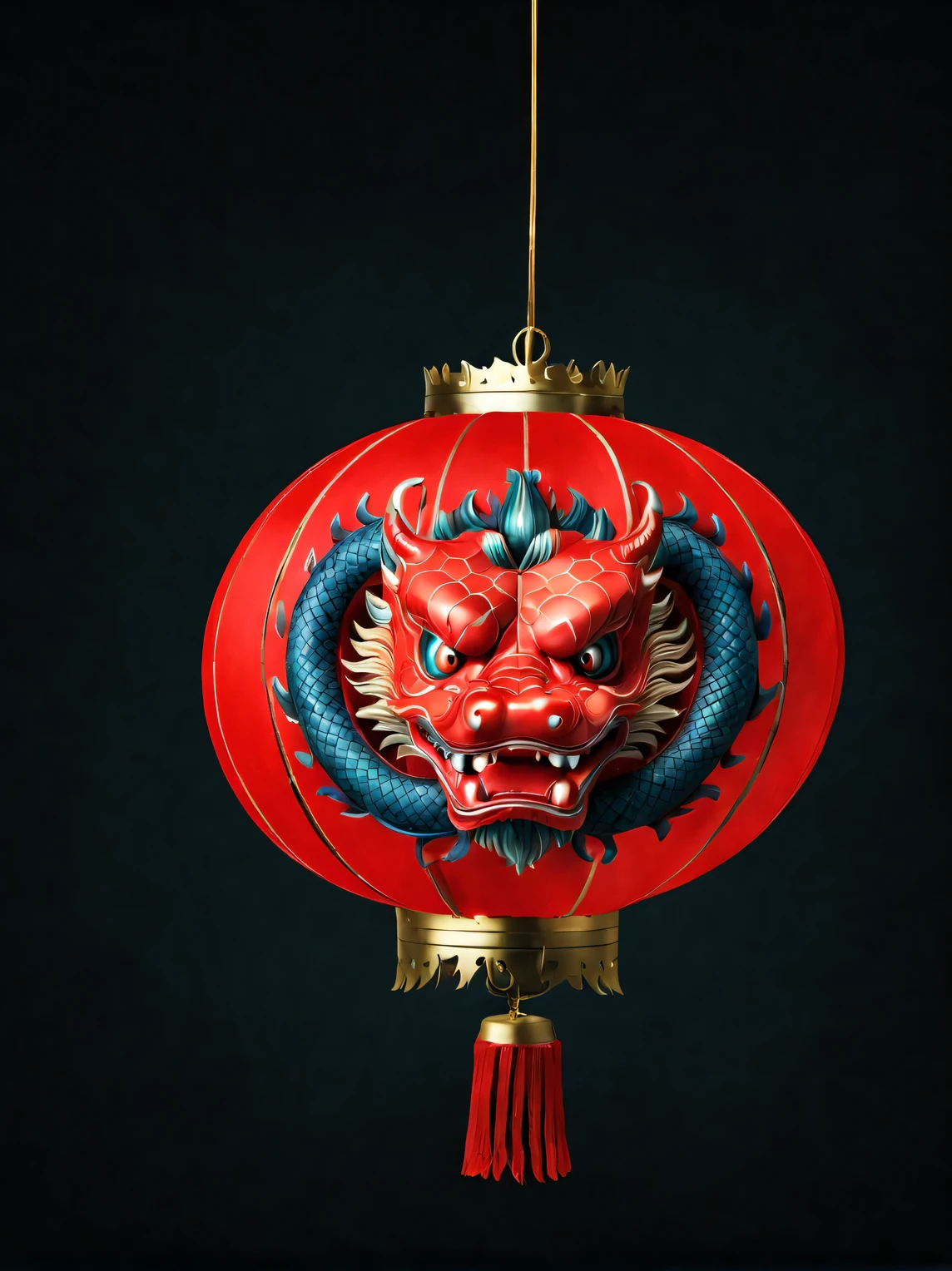(product design),(Close-up of red lantern in the shape of Chinese dragon head),background:black,3D, cutting