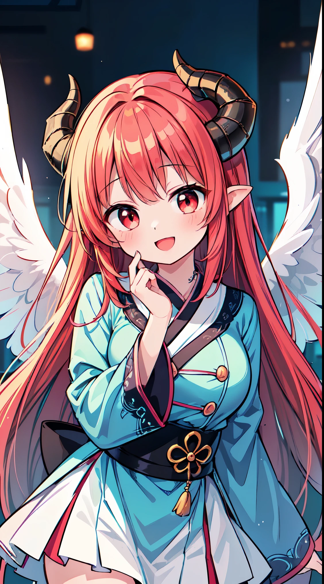 (masterpiece, top quality, best quality, official art, beautiful and aesthetic:1.2),ultra-detailed,intricate details,amazing illustration,award-winning art,atmospheric,
BREAK, 1 beautiful girl, (Beauty:1.5),(Chibi:0.5),(kawaii:2.0),(Cool:2.0),((17 year old girl),(Solo:1.65),BREAK, (huge-breasted:1.2,), Clear skin, Beautiful skin, Shy, 1 beautiful woman,Demons,Colossal tits(The hair 弓, Red hair, Long hair, 反転したThe hair, 乱雑なThe hair,Wings of an angel on the back, Demon King's horn on the head:1.2), (Red Eyes, long eyelashes, Double eyelids: 1.2), Shiny skin,de pele branca,dial,(最高品質のfaces),(最高品質の輝くThe eye),(ドヤfaces,勇敢なfaces:1.45), (最高の笑faces,:D:1.45),
BREAK ,
Onmyoji, Seimei Abe, handsome boy, (hand:1.8), perfect fingers,
BREAK,wakame,wakame,wakame,(Cowboy Shot:1.4),
BREAK,(Blurry background:1.3),(absurderes, hight resolution, Super Detail Art),cel shading,Clear Color, Lonely optical effect, Beautiful pictures, Bright glow, mystic atmosphere,(Close-up of girl:1.1), Mystical light particle effect,manga influence, clean line drawings,