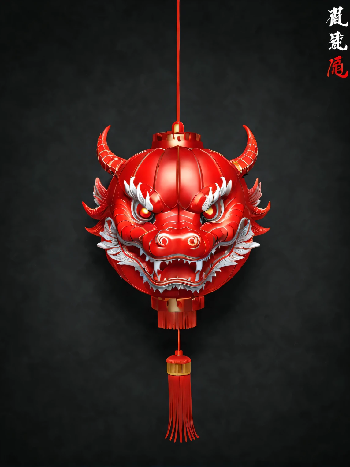 (product design),(Close-up of red lantern in the shape of Chinese dragon head),background:black,3D, cutting