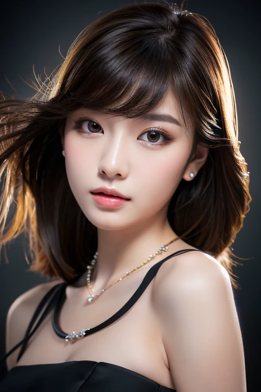 (highest quality、8K、best image quality、Award-winning work)、(one young girl, 14 years old:1.3)、(red eyeshadow:1.2)、perfect makeup、long eyelashes、Super high-definition sparkling eyes、ultra high definition hair、ultra high resolution glossy lips、Super high resolution perfect teeth、Super high resolution cute face、brown hair、(very long straight hair:1.1)、look at me and smile、[clavicle]、accurate anatomy、(black background:1.5)、(professional lighting:1.5)、Super high-resolution glossy and moisturized face、Super high resolution glowing skin、most detailed face、Ultra high resolution detailed faces、ultra high resolution hair、Super high resolution sparkling eyes、Beautiful face drawn in every detail、Super high resolution glossy red lips、(((Luxury Dresses 1.5)))、Glittering necklace 1.1、(((full nude 1.5)))、(Photo up to the chest)、Hair fluttering in the wind 1.2、