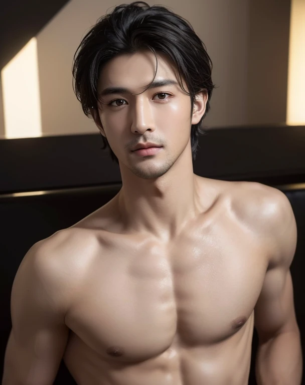 ((Best Quality, 8K, Masterpiece: 1.3)), Full Body, Focus Clear: ((High quality)), ((masterpiece)), ((highly detailed)), perfect face, realistic, ((man)), ((asian)), black hair, comma hair style, ((shirtless)), ((handsome)), detailed eyes, beautiful detailed nose, realistic body, realistic light, comfortable exprssions, cute guy, sweat guy, cool guy, ((athletic body))