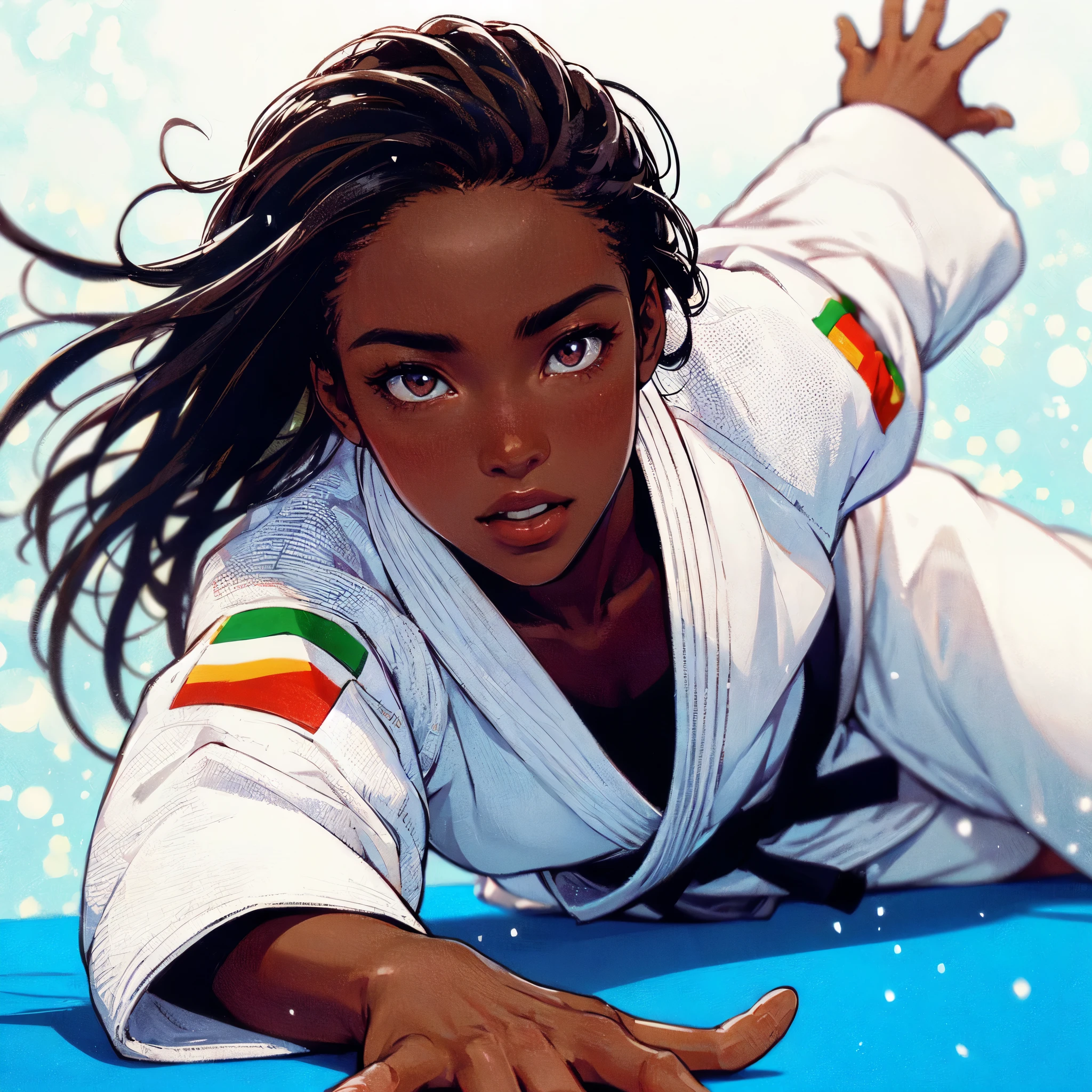 high quality,hd,16k,1girl,female judo athlete,white kimono ,cute face, large breasts, slender body, delicate body,nice legs, sweat,light clothing, in judo venue,focus girl,detailed beautiful face,detailed clothes,beautiful eyes,pretty smile,dynamic angle