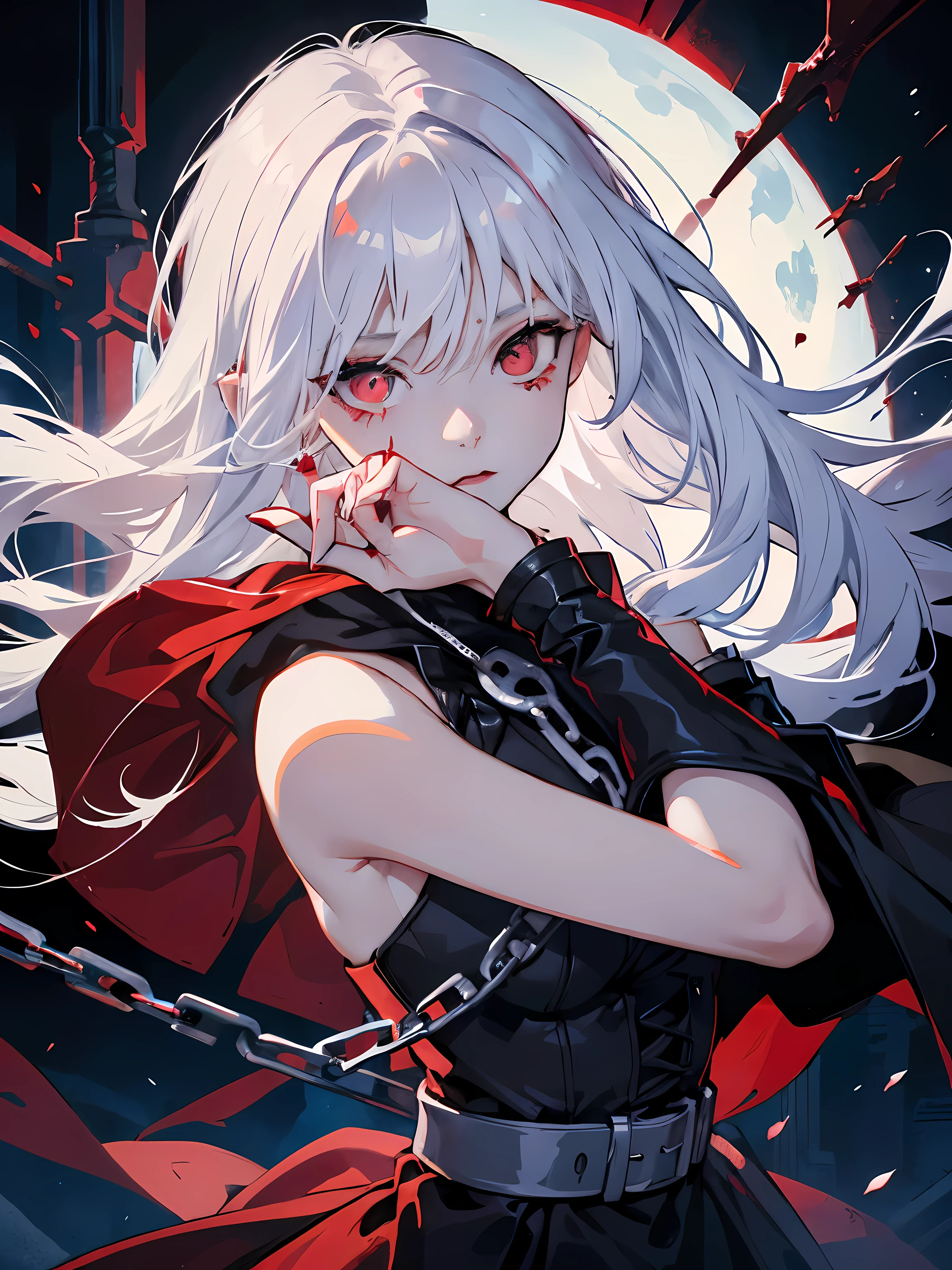 Girl in abyss, red eyes, white hair, fantasy, blood everywhere, [blood splatter], (chain) , deep abyss, blood sea, cold heart, (masterpiece), (best quality), perfect detailed, epic visual novel cover, detailed face, perfect eyes, black dress