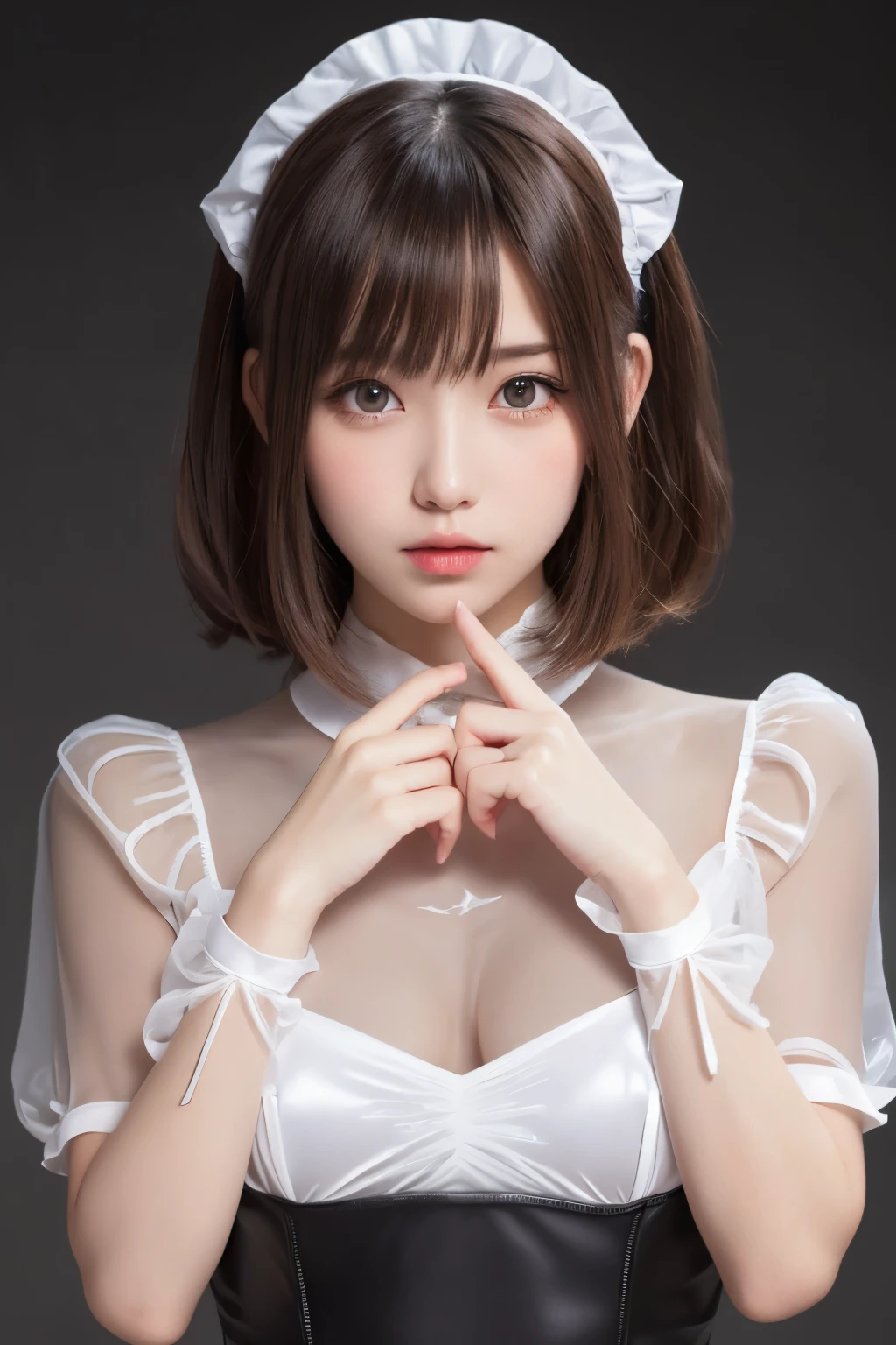 White panties、muste piece, best quality, one girl, (beautiful girl:1.3), (16 years old:1.2), very fine definition, (symmetrical eyes:1.3), (Maid costume, (Moe transparent costume:1.3), beautiful breasts, brown eyes, parted bangs, brown hair