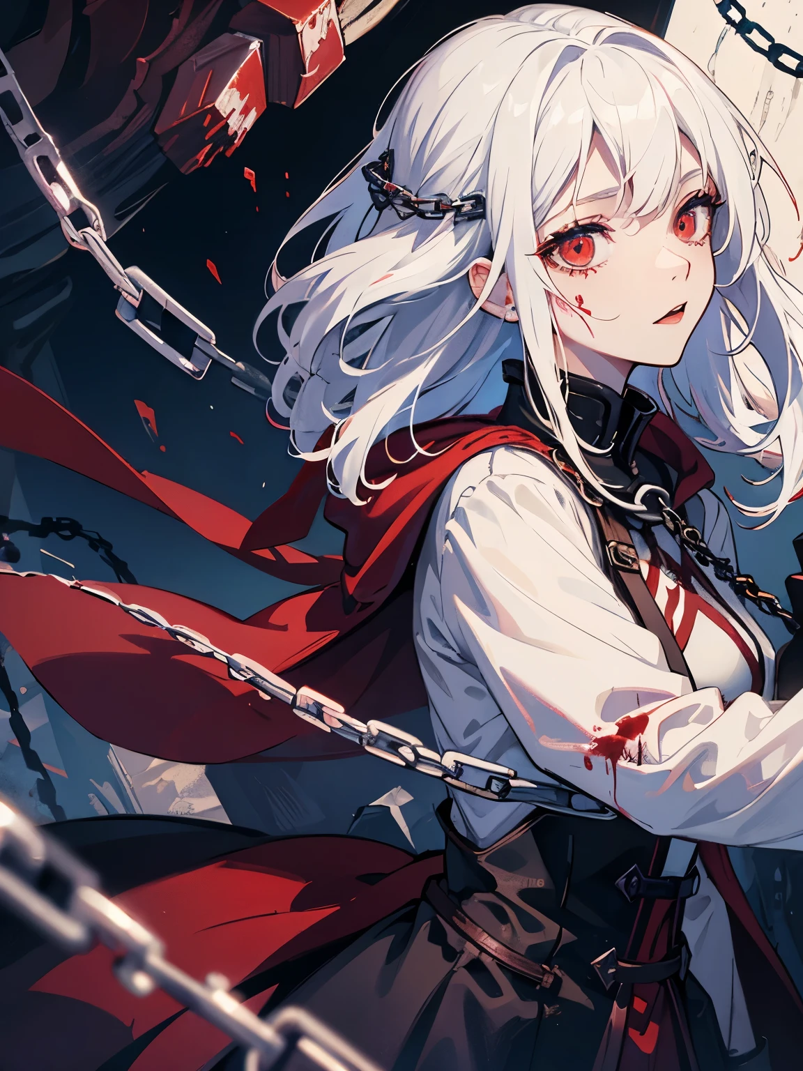 Girl in abyss, red eyes, white hair, fantasy, blood everywhere, [blood splatter], blood stain, (chain) , deep abyss, blood sea, cold heart, (masterpiece), (best quality), perfect detailed, epic visual novel cover, detailed face, perfect eyes, 