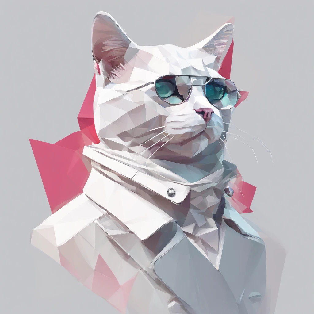 Perfect alignment, Cute little cat wearing a jacket,crystal vases,Rose flower, Wearing sunglasses, cheerfulness, Standing position, Abstract beauty, Centered, Looking at the camera, Facing the camera, nearing perfection, Dynamic, Highly detailed, smooth, Sharp focus, 8K, high definition resolution, illustration, Art by Carne Griffiths and Wadim Kashin, White background