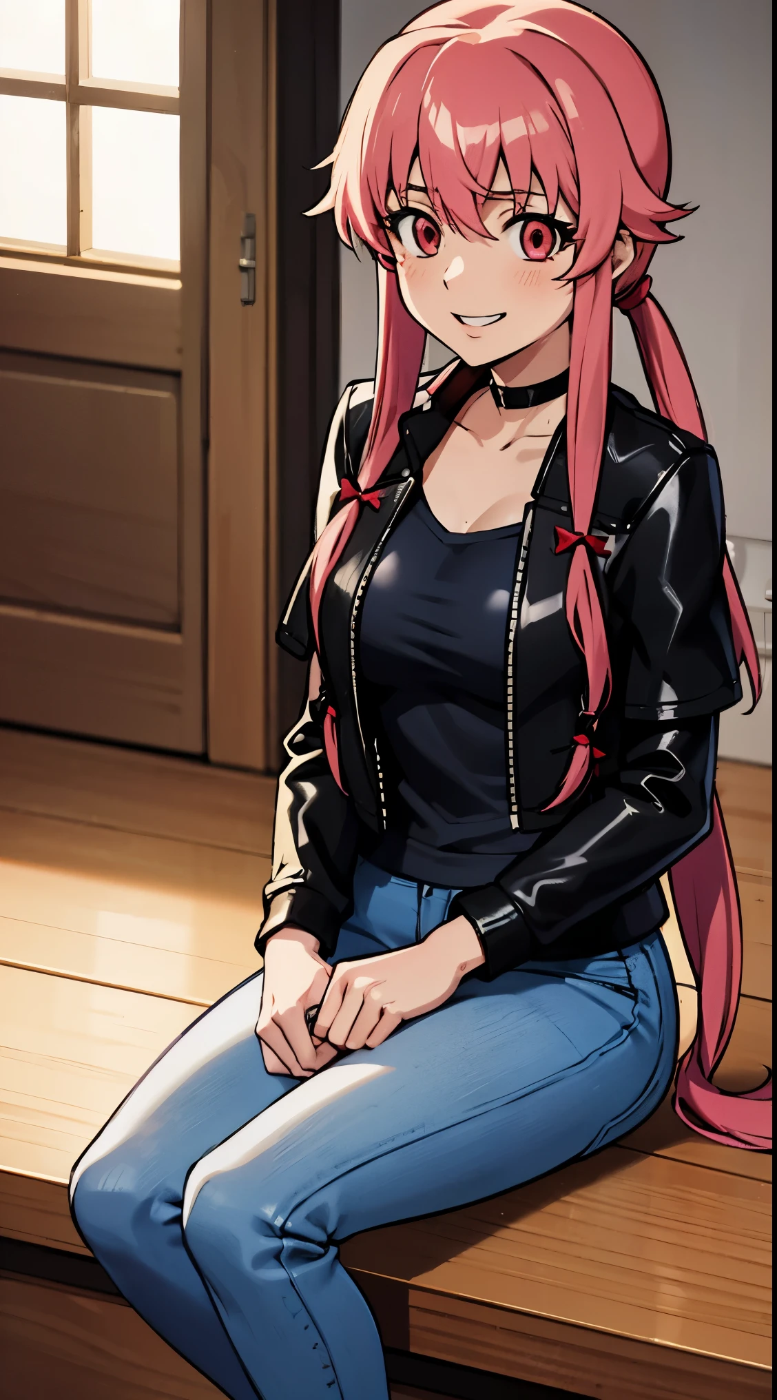 anime_still, masterpiece, best quality, 1girl, Gasai Yuno, large breasts, pink hair, long hair, solo, sitting, tiles, looking at viewer, low twintails, wearing a black choker, (wearing a black leather jacket:1.5), wearing blue jeans, wearing a black t-shirt, red eyes, ((yandere)), 23yo woman, crazy, crazy smile, crazy eyes, looking at viewer, indoors, blood, blood splatter, 