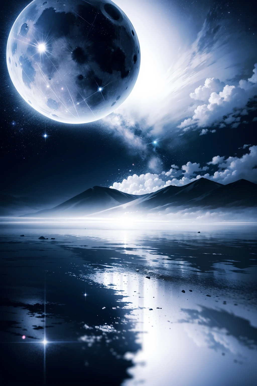 "(best quality, highres), night paysage, moonlit sky, twinkling stars, serene atmosphere, peaceful landscape, dark silhouettes, gentle breeze, distant mountains, calm lake, reflection of moon, soft shadows, mystical ambiance, enchanting view, dreamy colors, surreal scenery, hazy mist, silvery moonlight"