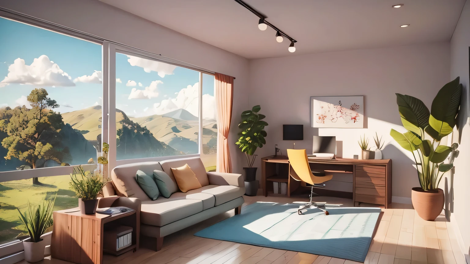 Office illustration in cartoon style. Add natural elements, as plants and flowers, and use pastel tones to create a relaxing atmosphere.
