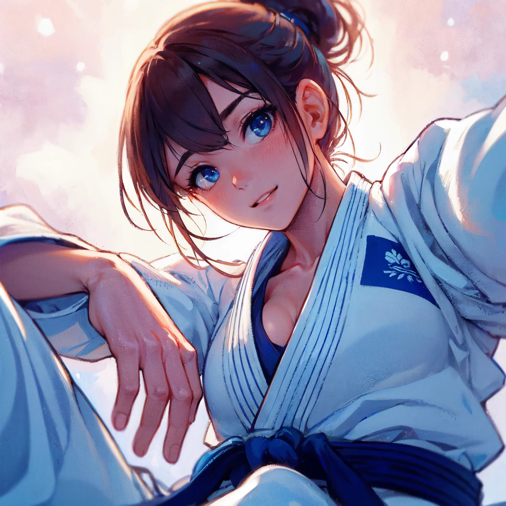 high quality,hd,16k,1girl,female judo athlete,white kimono ,cute face, large breasts, slender body, delicate body,nice legs, sweat,light clothing, in judo venue,focus girl,detailed beautiful face,detailed clothes,beautiful eyes,pretty smile,dynamic angle