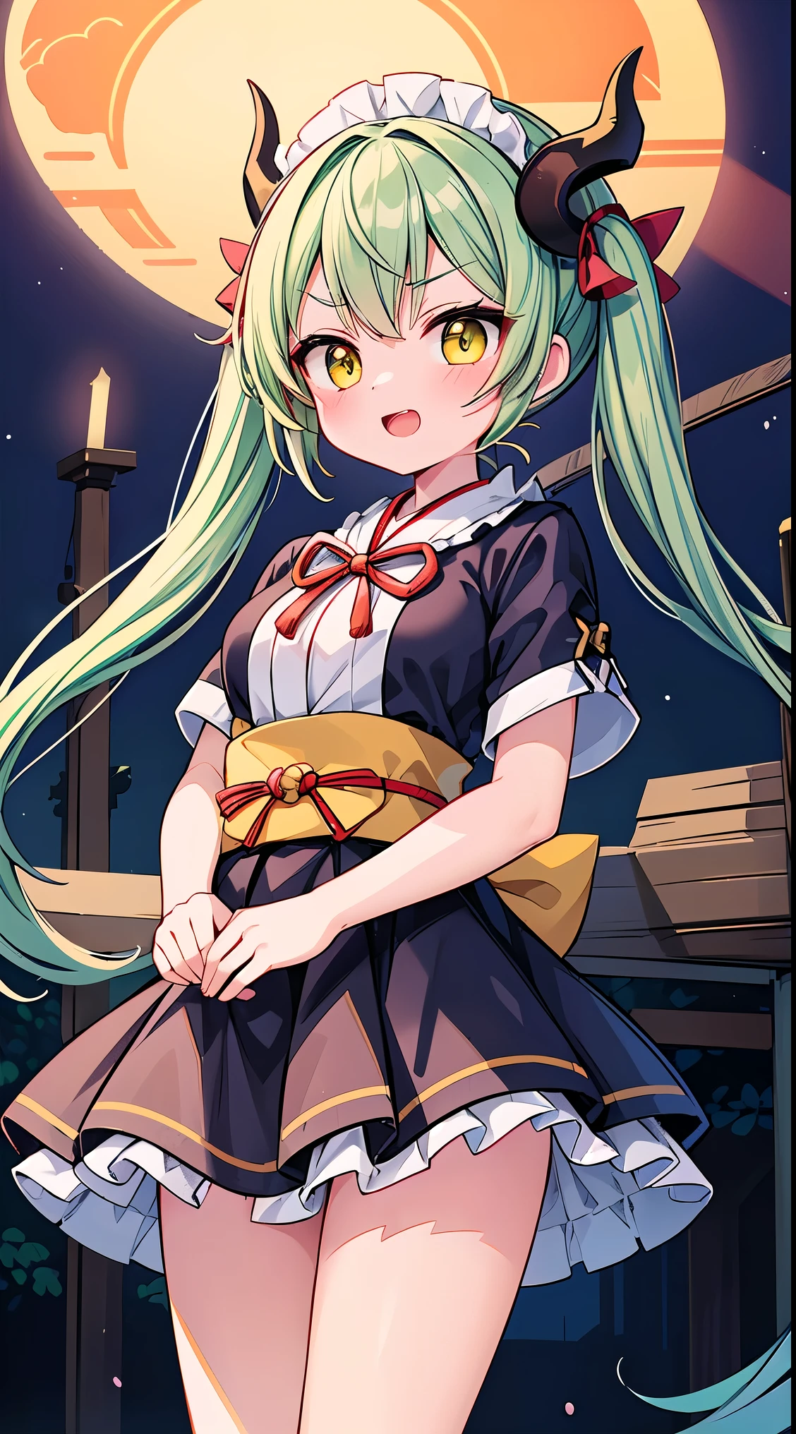(masterpiece, top quality, best quality, official art, beautiful and aesthetic:1.2),ultra-detailed,intricate details,amazing illustration,award-winning art,atmospheric, 
BREAK, 1 beautiful girl,(17 yrs old girl),Solo,(cute:1.5),(chibi:0.6),(kawaii:1.5),(loli:0.5), BREAK,:d,(twintail, green hair, horns, long hair:1.35),(yellow eyes, double, slanted eyes slanted eyes:1.25),blush,double teeth,((D cup breasts))),heart,gaze,maid,/maid dragon/,dragon tail,(long eyelashes, double eyelids, fine eyebrows:1.2),solo,glowing skin,clear skin,beautiful skin,(top quality face),(top quality slanted eyes),maid outfit,gloves,open mouth,short sleeves,smile,white gloves,

BREAK , outdoors shrine heian, night sky, (motion lines motion blur:1.2), (onmyouji:1.8), Azulejo tile,

BREAK,wakame,wakame,wakame,(Cowboy Shot:1.4),

BREAK,(Blurry background:1.3),(absurderes, hight resolution, Super Detail Art),cel shading,Clear Color, Lonely optical effect, Beautiful pictures, Bright glow, mystic atmosphere,(Close-up of girl:1.1), Mystical light particle effect,manga influence, clean line drawings,