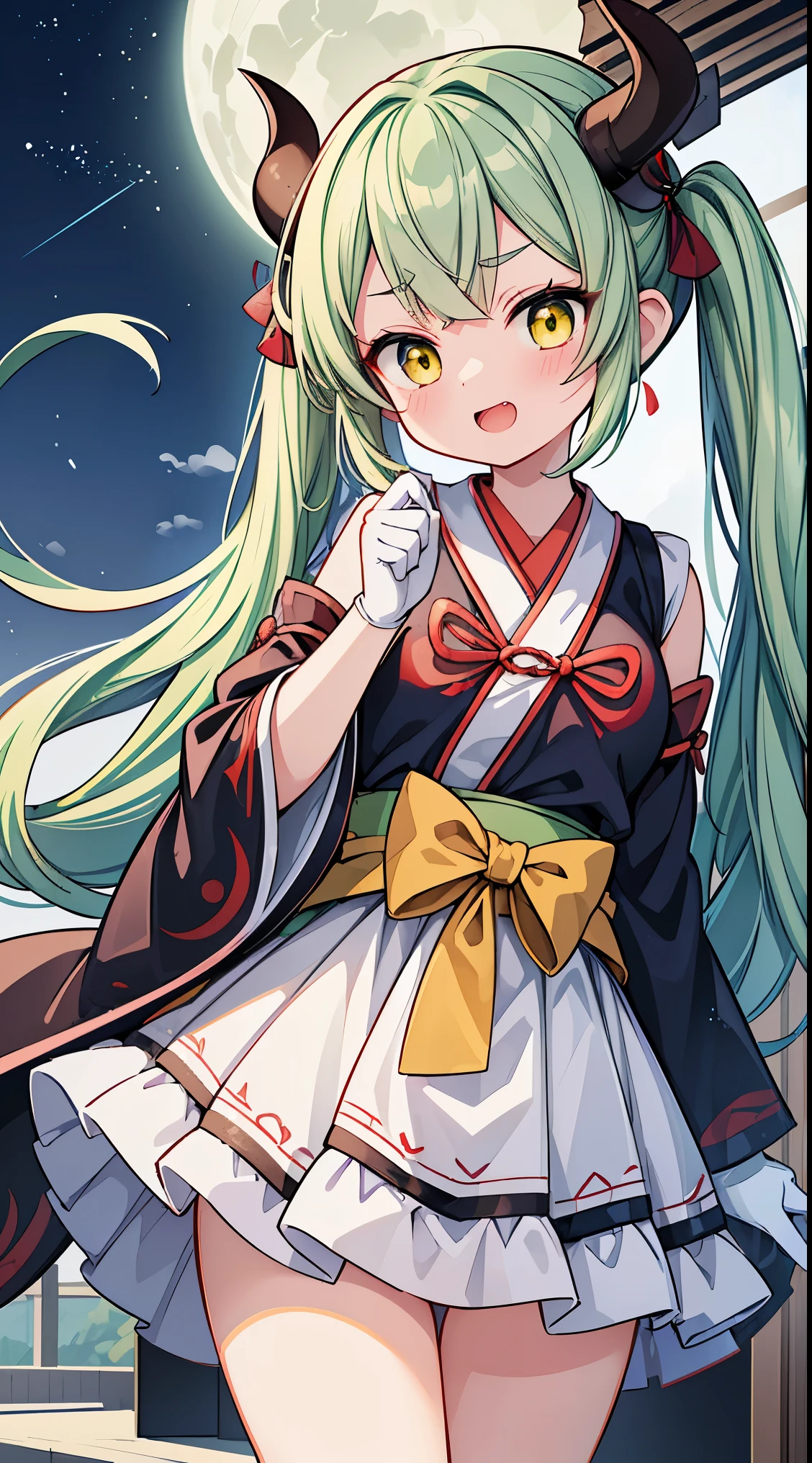 (masterpiece, top quality, best quality, official art, beautiful and aesthetic:1.2),ultra-detailed,intricate details,amazing illustration,award-winning art,atmospheric, 
BREAK, 1 beautiful girl,(17 yrs old girl),Solo,(cute:1.5),(chibi:0.6),(kawaii:1.5),(loli:0.5), BREAK,:d,(twintail, green hair, horns, long hair:1.35),(yellow eyes, double, slanted eyes slanted eyes:1.25),blush,double teeth,((D cup breasts))),heart,gaze,maid,/maid dragon/,dragon tail,(long eyelashes, double eyelids, fine eyebrows:1.2),solo,glowing skin,clear skin,beautiful skin,(top quality face),(top quality slanted eyes),maid outfit,gloves,open mouth,short sleeves,smile,white gloves,

BREAK , outdoors shrine heian, night sky, (motion lines motion blur:1.2), (onmyouji:1.8), Azulejo tile,

BREAK,wakame,wakame,wakame,(Cowboy Shot:1.4),

BREAK,(Blurry background:1.3),(absurderes, hight resolution, Super Detail Art),cel shading,Clear Color, Lonely optical effect, Beautiful pictures, Bright glow, mystic atmosphere,(Close-up of girl:1.1), Mystical light particle effect,manga influence, clean line drawings,